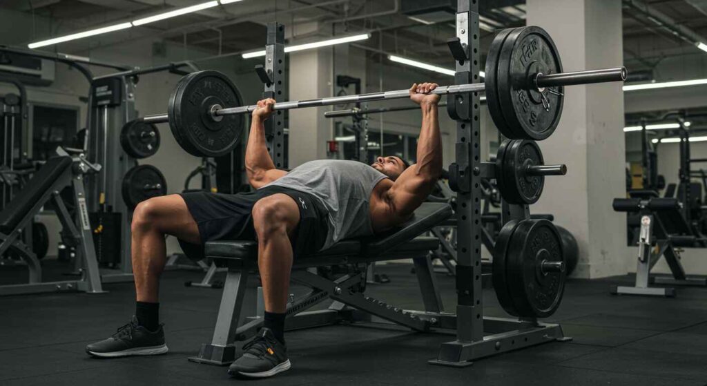 Proper cambered bar bench press form demonstration with safety equipment