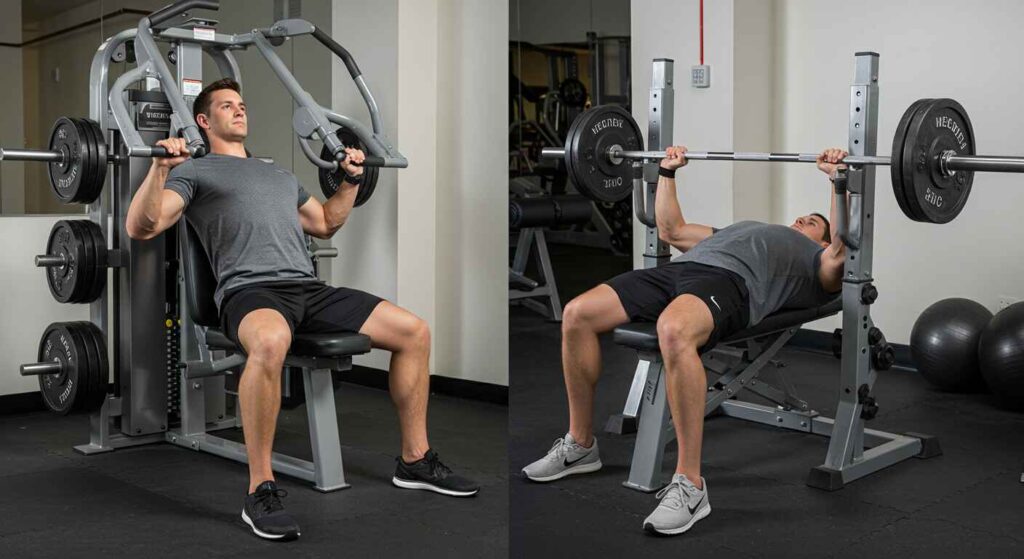 A split-image visually comparing the form and equipment of the machine chest press on the left versus the free-weight barbell bench press on the right.