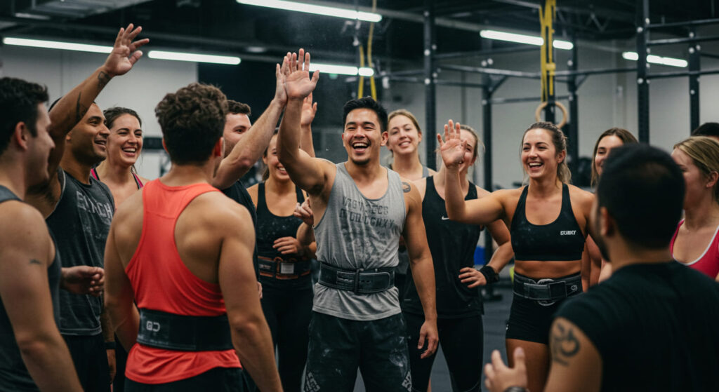 A diverse group of men and women of different ages and body types celebrating together in a gym after successful lifts.