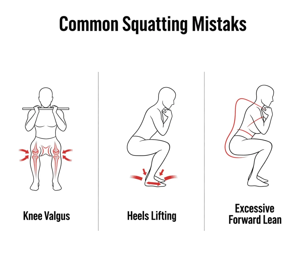Examples of improper squat form that can lead to knee pain