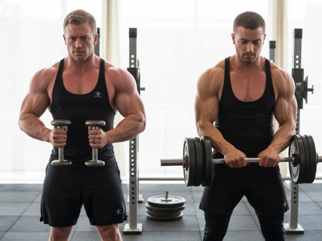 A photograph presenting a side-by-side comparison of weightlifting form. On the left, a muscular man demonstrates incorrect form with flared elbows during a bicep curl, while on the right, he demonstrates the correct form with tucked elbows and a focused expression. Both men are wearing black athletic tank tops and are positioned in front of a gray weightlifting platform with black weight plates scattered nearby. Bright, diffused studio lighting illuminates the scene, emphasizing the contrast in their postures and highlighting the proper technique.