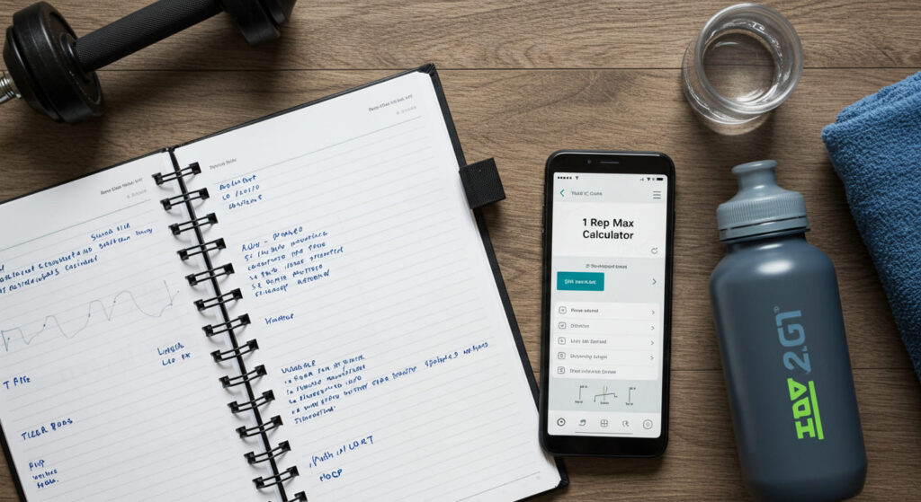 A smartphone with a 1 rep max calculator app next to a workout log, symbolizing tracking fitness progress.