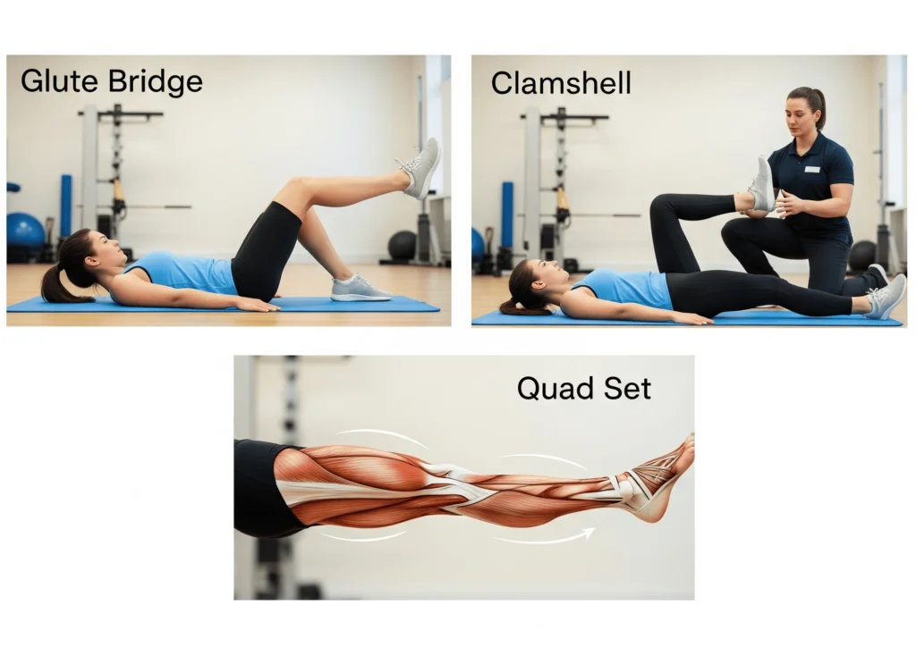 A series of images showcasing knee-strengthening exercises such as glute bridges, clamshells, and quad sets.