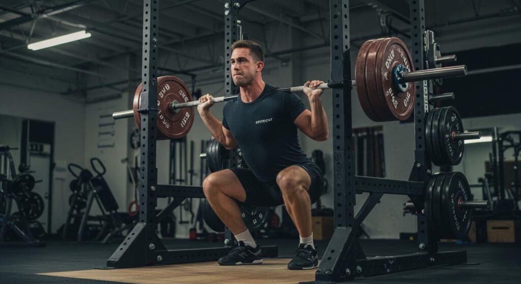 1 Rep Calculator | Brzycki Formula: How It Accurately Predicts Your 1RM A lifter performing a controlled barbell squat with moderate weight in a power rack, demonstrating proper form for 1RM estimation.