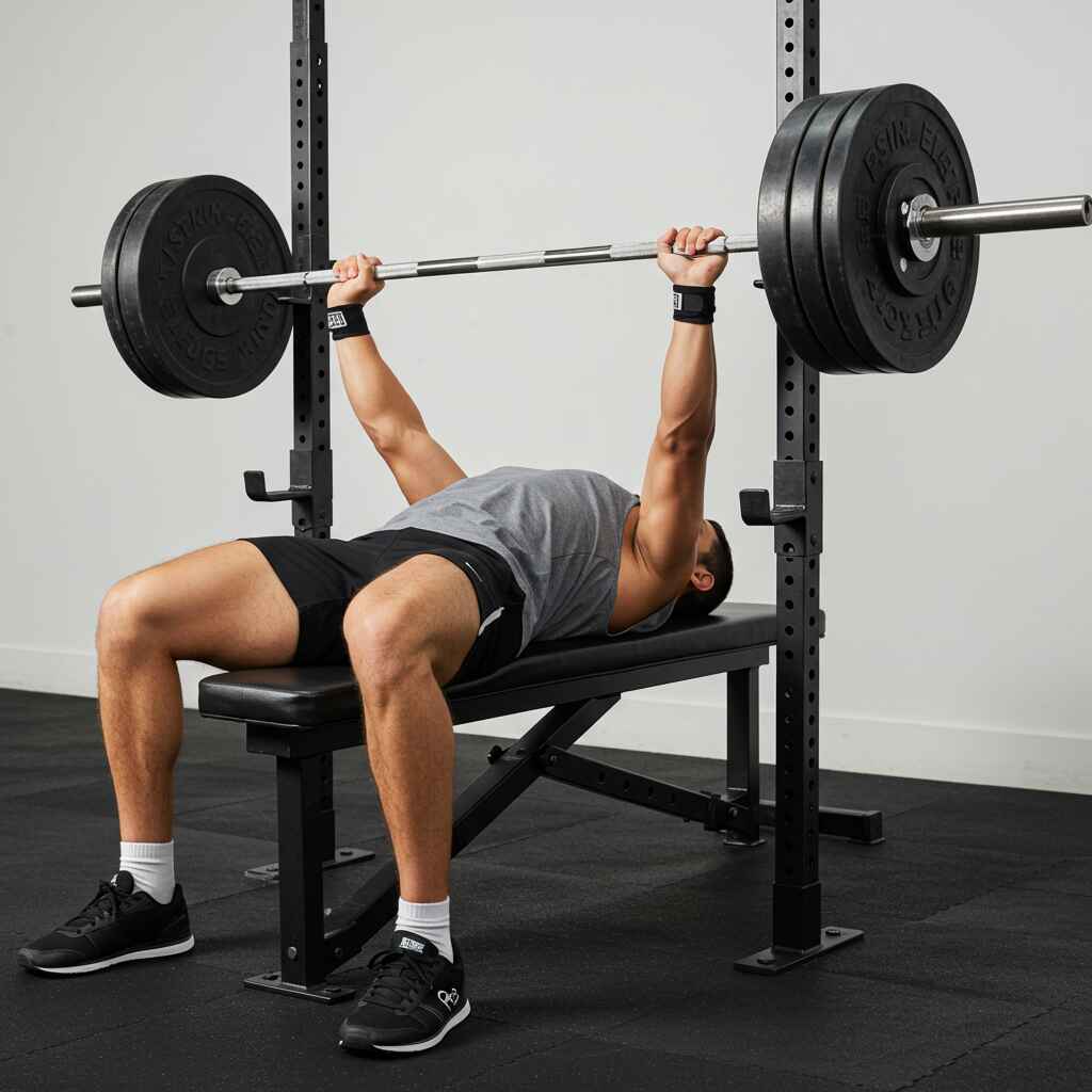 A lifter demonstrating proper form during the bench press for a rep max test.