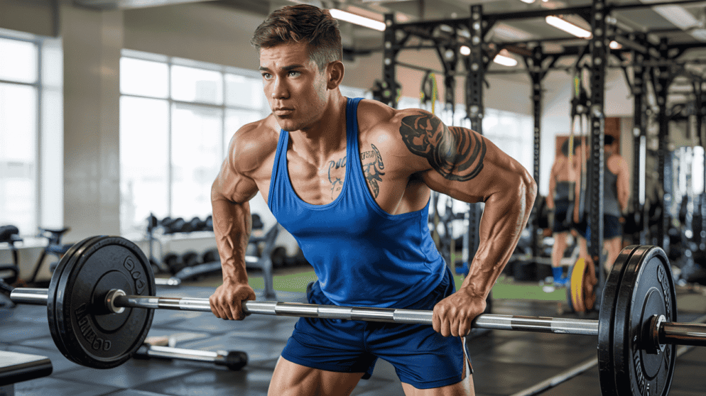 A man is lifting a barbell while exercising in a gym, focusing on strength training.
