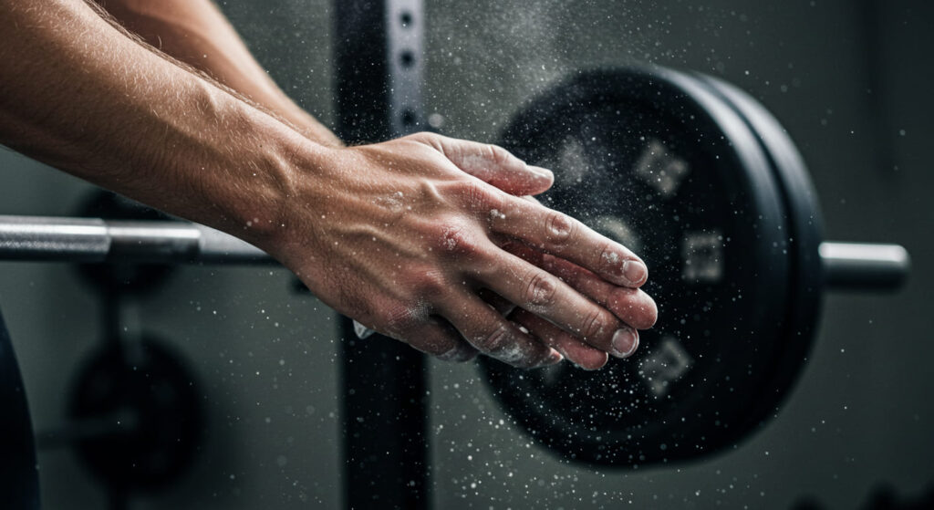 A close-up shot of a person's hands applying chalk before a heavy lift, with a loaded barbell in the background.
