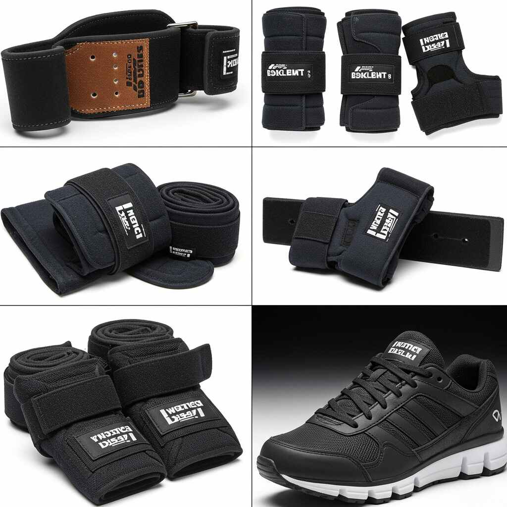 Essential weightlifting gear including a lifting belt, wrist wraps, and elbow sleeves.