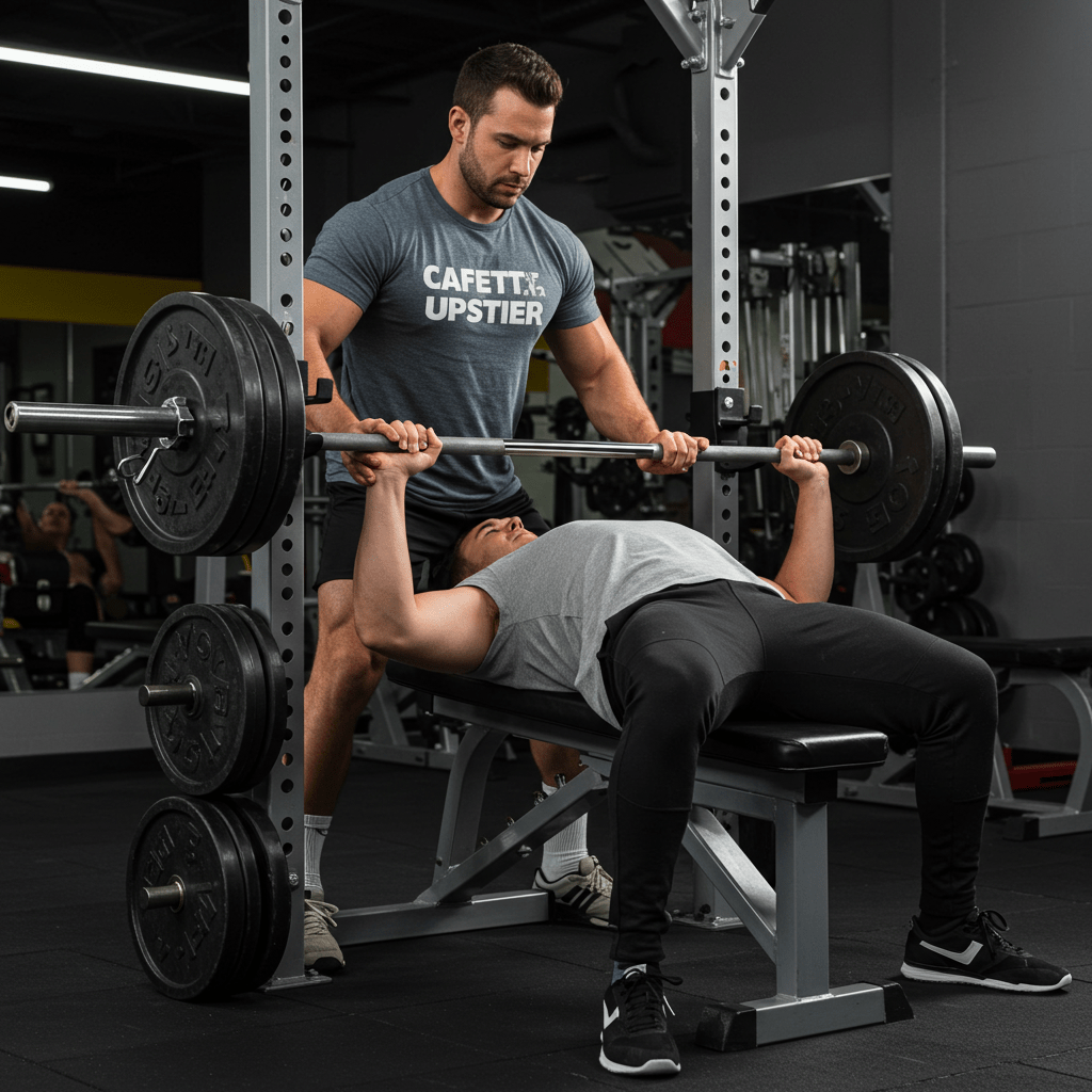 A fitness professional safely spotting a person during a heavy bench press.