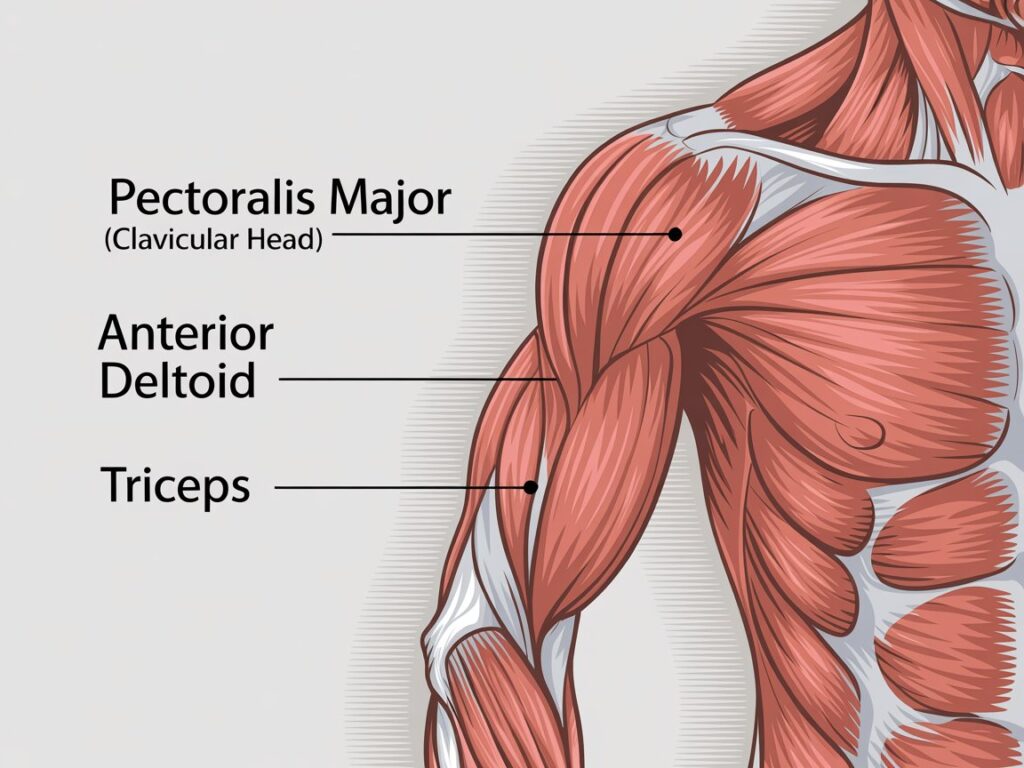 An anatomical illustration highlighting the primary and secondary muscles worked during the dumbbell incline bench press