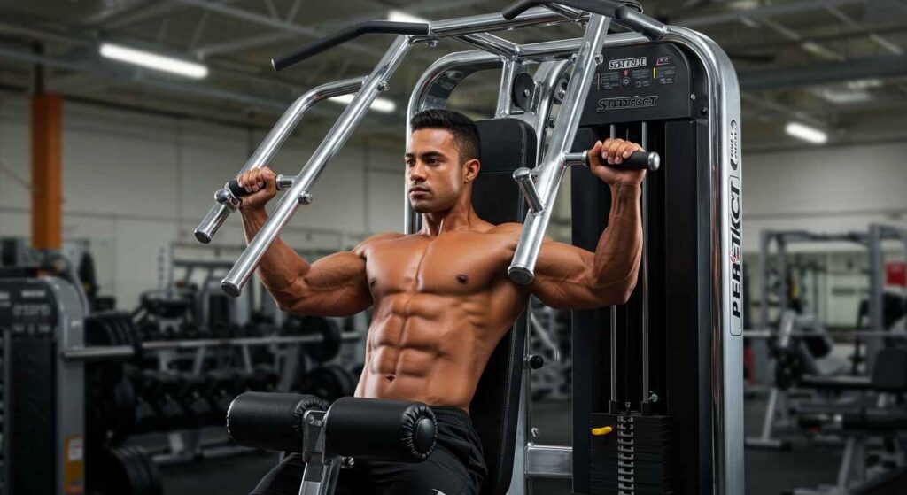 A man engages in a chest press exercise using a gym machine, emphasizing his workout effort.