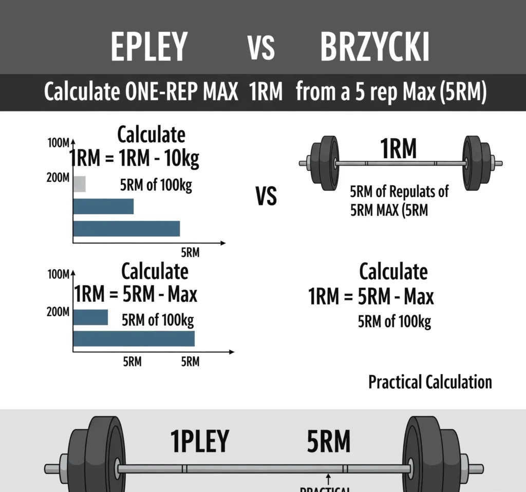 A split image or a collage showcasing the Epley and Brzycki formulas with a simple example calculation for each.