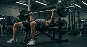 A focused lifter demonstrating proper form and strength while performing a heavy progressive overload for bench press in a modern gym.