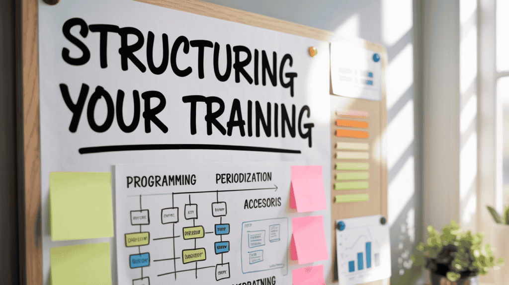 A photograph of a neatly organized whiteboard showcasing the words "Structuring Your Training" written in bold black marker at the top. Below, a detailed diagram outlines programming, periodization, and accessories using colorful sticky notes and flowcharts. Soft, natural light streams in from a nearby window, highlighting the whiteboard and creating subtle shadows across the wall. The scene conveys a sense of focused preparation and strategic planning.