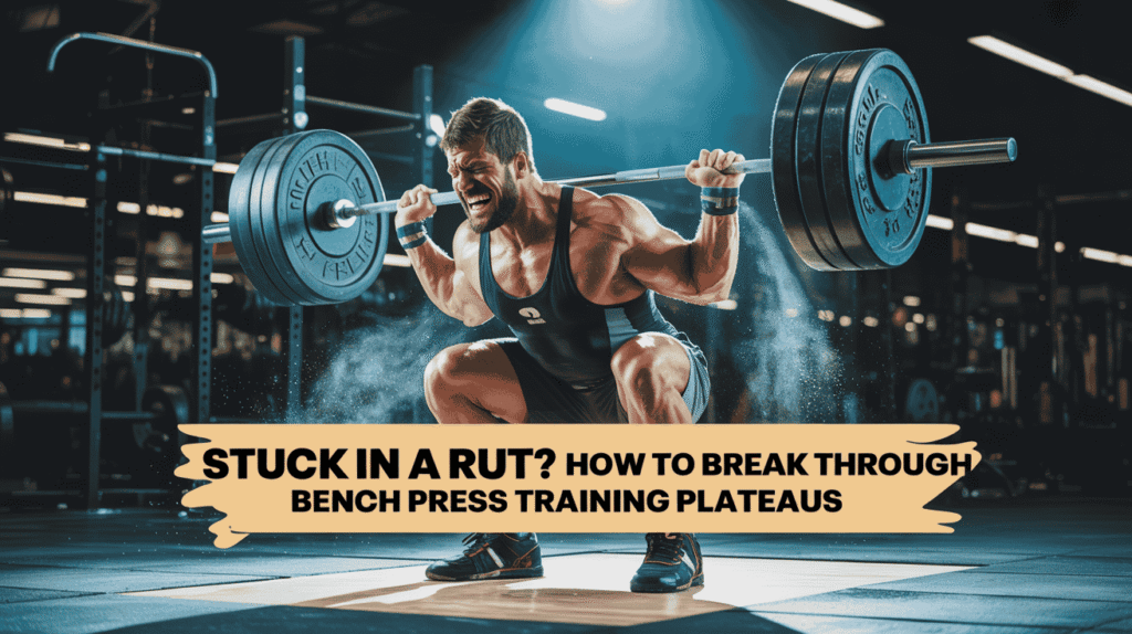 A motivational fitness poster illustrating a weightlifter struggling to lift a barbell, showcasing the frustration of hitting a training plateau. The weightlifter, a muscular man with a determined but strained expression, is positioned mid-lift in a dimly lit gym, sweat dripping from his forehead. Surrounding the weightlifter are chalk dust particles floating in the air and a motivational banner reading “Stuck in a Rut? How to Break Through Bench Press Training Plateaus" with supportive fitness equipment blurred in the background, bathed in a single spotlight to emphasize the struggle and challenge.