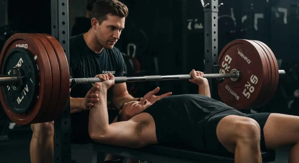 An experienced spotter and a lifter discussing hand-off signals before a bench press, a key step in how to test a one-rep max safely.