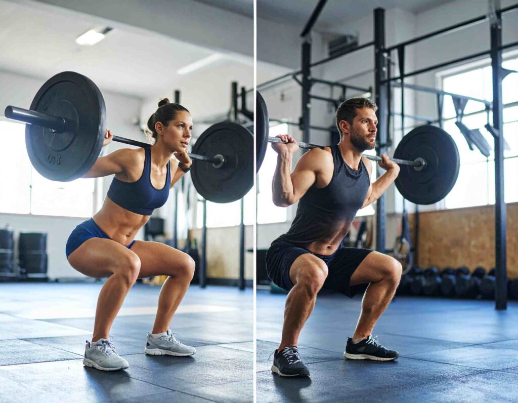 Male and female athletes performing squats, demonstrating the versatility of the Lombardi formula 1RM for all genders