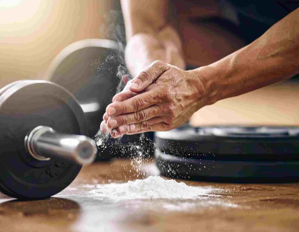 A person holds a dumbbell while sprinkling powder onto the floor, possibly for weightlifting or workout preparation.