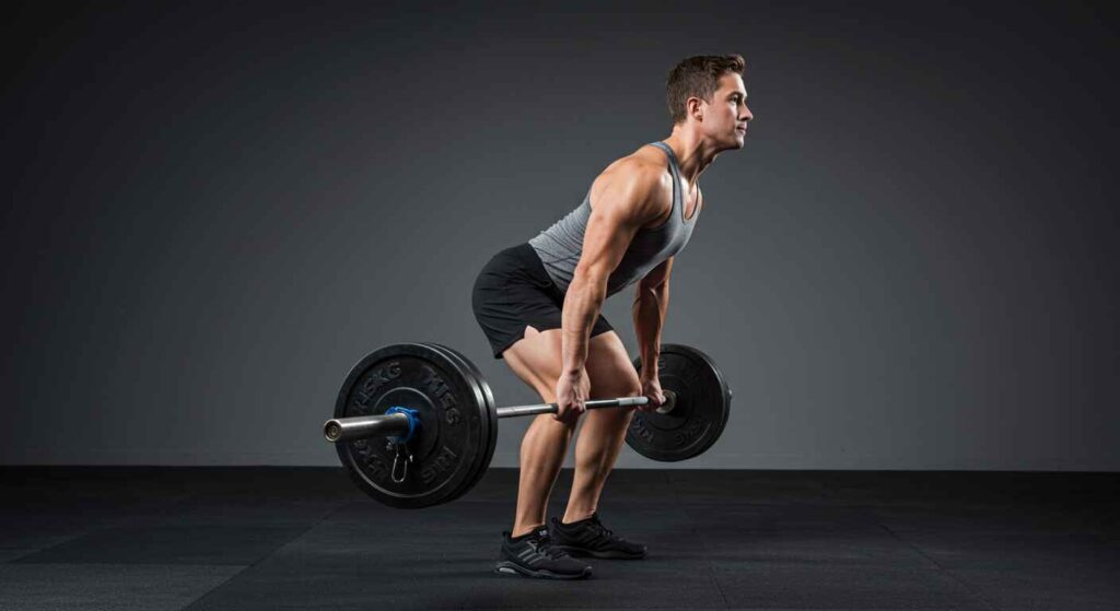 A person demonstrating the correct and safe form for a deadlift, with a straight back and engaged core.