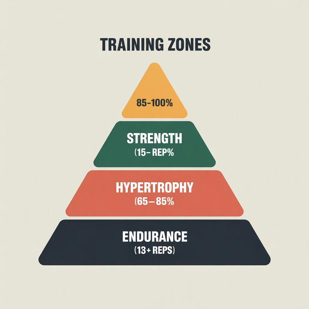 Infographic showing training zones based on 1 rep max percentages for strength, hypertrophy, and endurance.