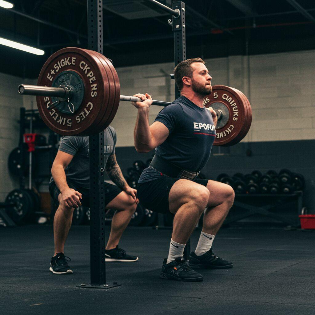 A person demonstrating safe squat technique with a spotter nearby, performing a set to find their rep max to use in a 1RM calculator. How to use a 1 rep calculator