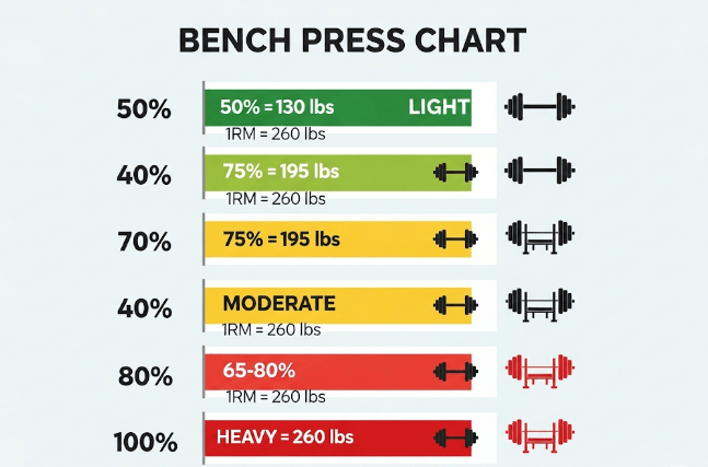 1 Rep Calculator | Bench Press Calculator A clean, gym-themed infographic titled "Bench Press Chart." The chart displays rows with percentages, corresponding weights based on a 260 lb one-rep max, and color-coded intensity zones (green for light, yellow for moderate, red for heavy), accompanied by minimalist dumbbell and bench press icons.