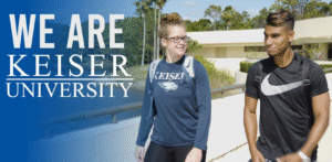 Keiser University campus entrance with students walking